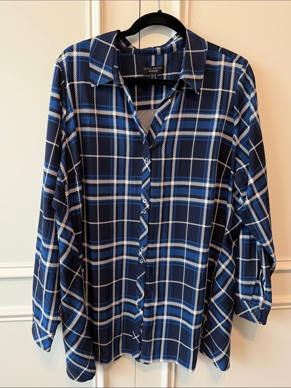 Susan Graver Navy Blue Plaid Button-Down Shirt